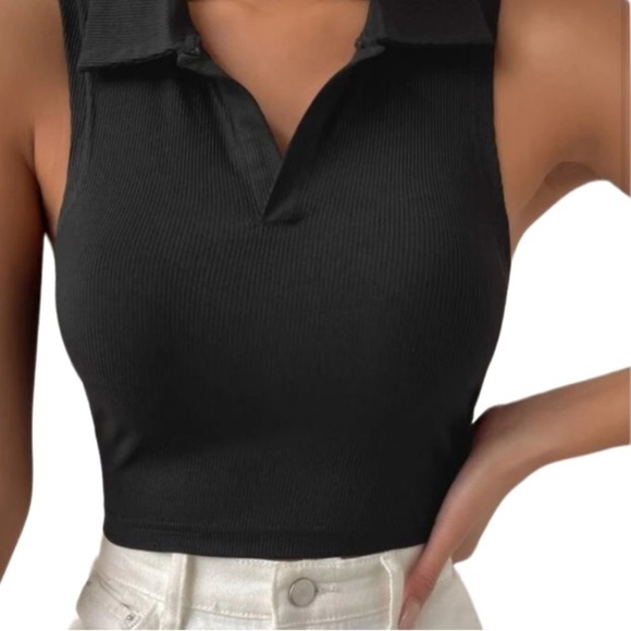 House of Harlow 1960 black ribbed sleeveless polo top | Size S NWT - Picture 2 of 6